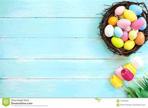 Colorful Easter Eggs In Nest With Tulip Flower On Blue Wooden