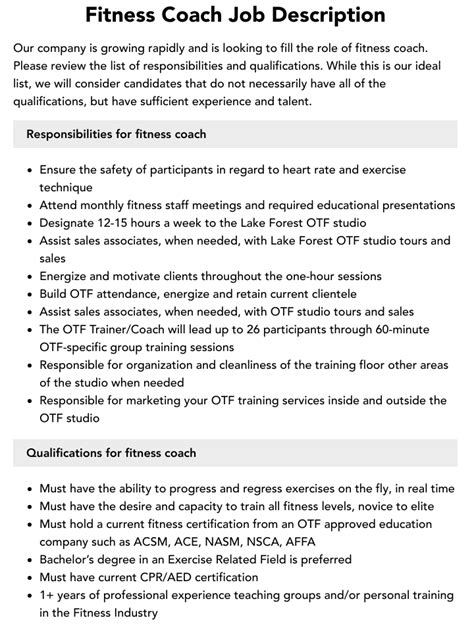 Fitness Coach Job Description Velvet Jobs