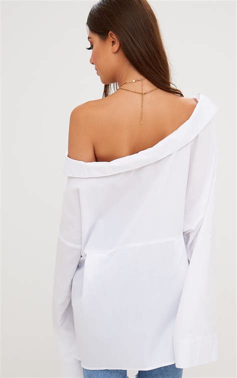 White Oversized Off Shoulder Shirt Tops Prettylittlething Ca