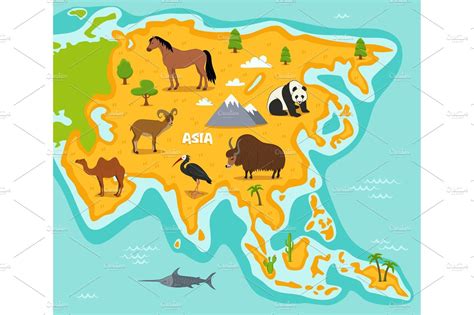 Asian Map With Wildlife Animals Animal Illustrations Creative Market