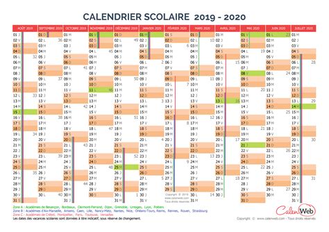 Calendrier Scolaire 2019 Et 2020 Avec Numéro De Semaineà Imprimer