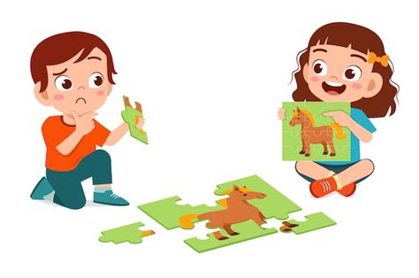 Premium Vector Happy Cute Little Kid Boy And Girl Play Jigsaw Puzzle