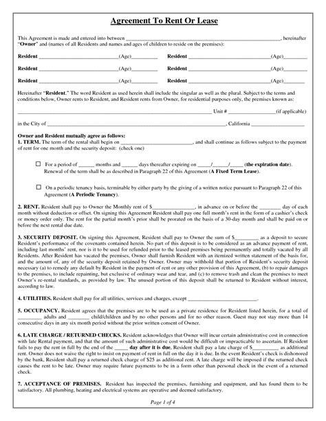 Printable Residential Lease Agreement Free