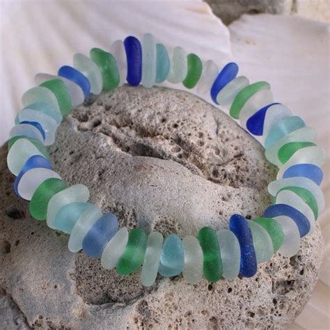 Natural Sea Glass Rare Blues 7 5 Inch Stretch Bracelet 607 Etsy Sea Glass Crafts Sea Glass