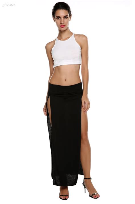 2017 Hot Trends High Waisted Double Slits Long Skirt Sexy Women Maxi Skirt Summer Cotton Blended