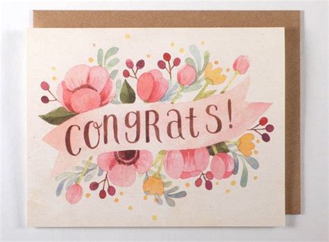 Pink Floral Congrats Card Watercolor Illustration By Fourwetfeet