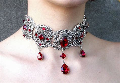 Red Swarovski Crystal Choker Bridal Silver Necklace Victorian
