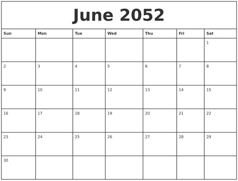 June 2052 Printable Monthly Calendar