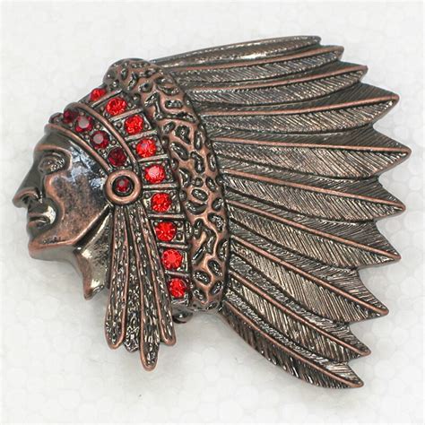 Antique Copper Indians Chief Head Brooch Red Rhinestone Pin Brooches C703 C3 In Brooches From