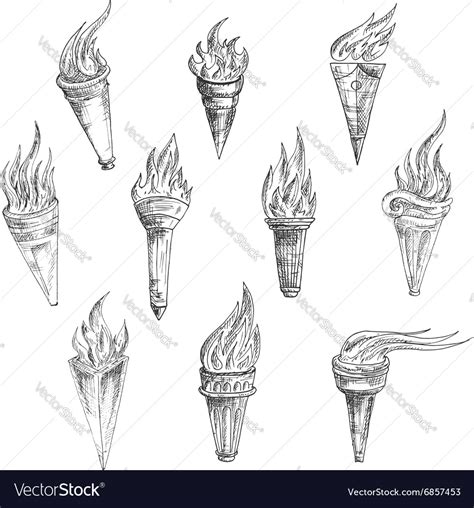 Flaming Torches In Retro Sketch Style Royalty Free Vector