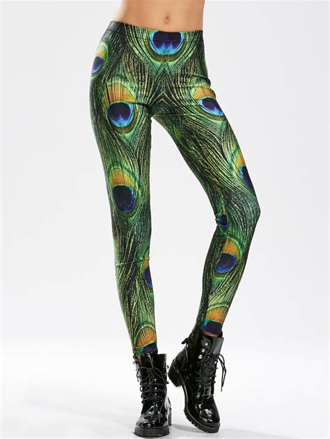 Off Peacock Feather Print High Waisted Skinny Leggings Rosegal