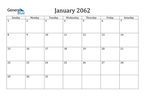 January 2062 Calendar Pdf Word Excel