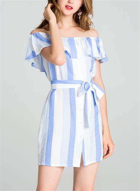Light Blue Summer Striped Off The Shoulder Bow Tie Button Down A Line Mini Dress