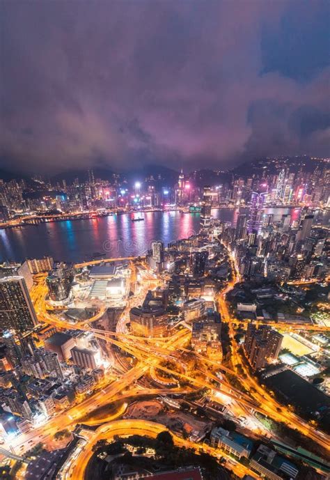Epic Aerial View Of Night Scene Of Victoria Harbour Hong Kong Stock