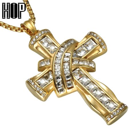 HIP Hop Iced Out Crystal Cross Necklaces Bling Gold Color Stainless Steel Luxury Pendants