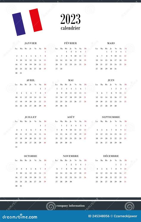 French Calendar For 2023 12 Months On One Page Weekend Start From