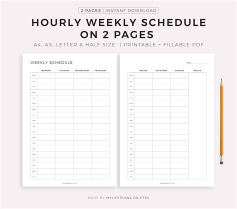 Hourly Weekly Schedule On 2 Pages Printable Weekly Planner Etsy
