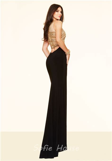 Sexy Cut Out High Slit Black And Gold Beaded Long Evening Prom Dress