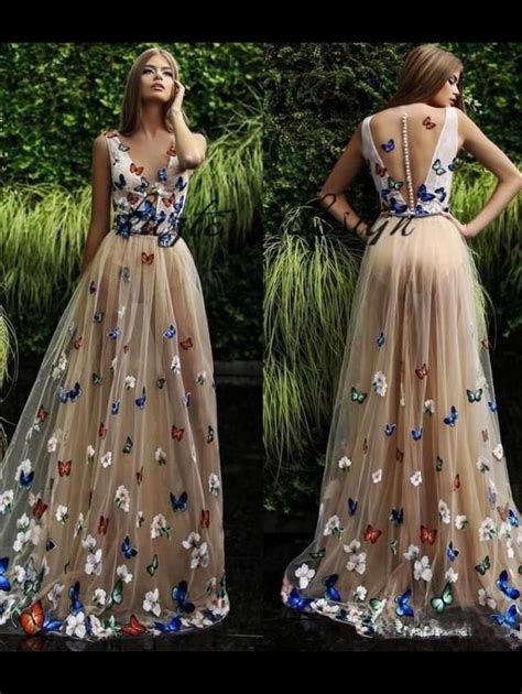 V Neck 3d Floral Butterfly Long Prom Dress Princess Prom Dress Evening