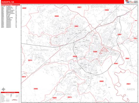 Augusta Georgia Zip Code Wall Map Red Line Style By