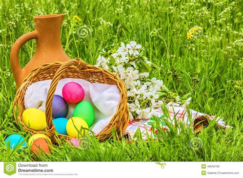 Easter Picnic On The Spring Flowered Meadow Stock Image Image Of