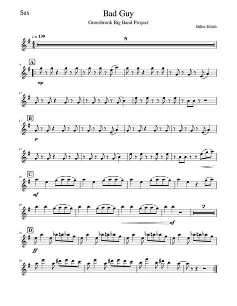 Bad Guy Sax Sheet Music For Saxophone Alto Jazz Band