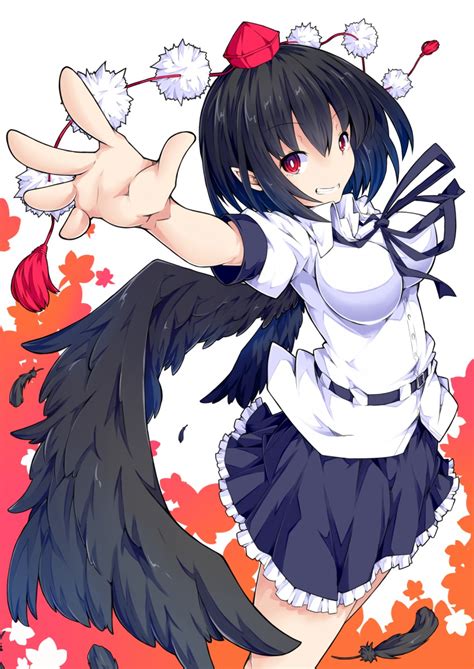 Ishimu Shameimaru Aya Touhou Highres 1girl Autumn Leaves Bird Wings Black Hair Black