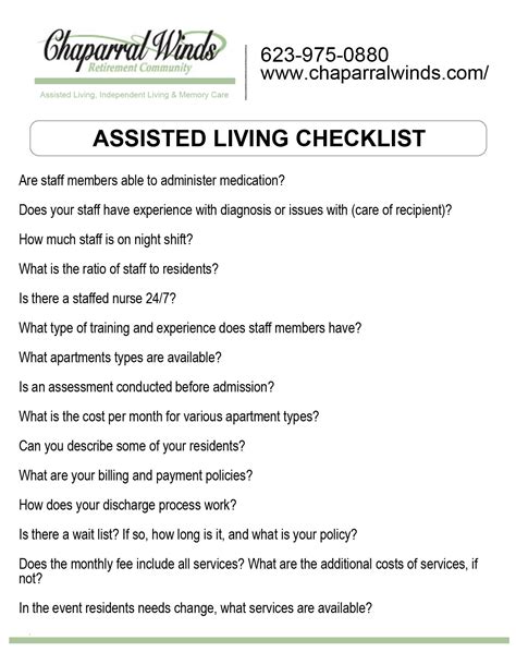Assisted Living Checklist Chaparral Winds Retirement Community