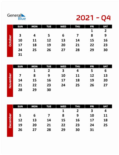 Q4 Quarterly Calendar 2021 In Pdf Word Excel
