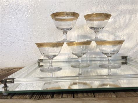 Set Of 5 Gold Glass Champagne Coupe Glasses Gold Rims Tiffin Etsy Gold Glass Glass