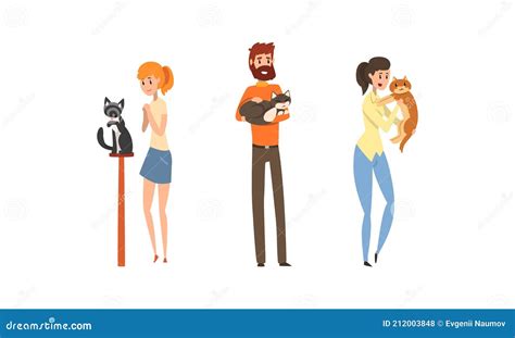 Owners Presenting Their Purebred Cats At Cat Breeds Show Set Cartoon