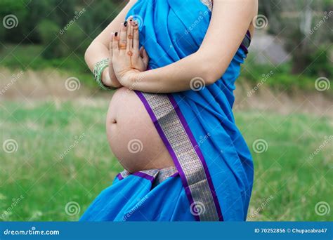 Belly Of Pregnant Girl Is Wearing Indian Sari Stock Photo Image