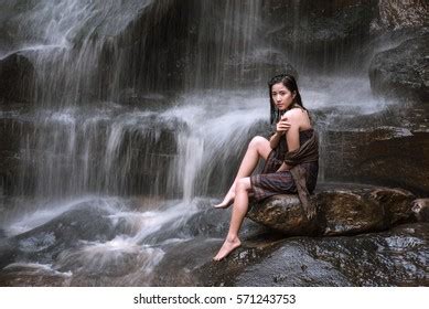 Asian Sexy Woman Bathing Cascade Thailand Stock Photo