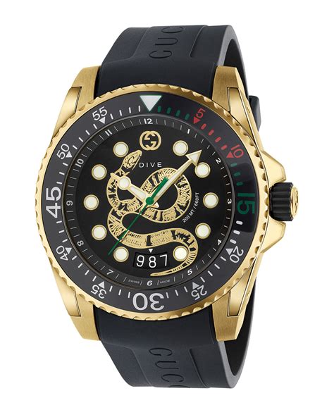 Gucci Mens Dive King Snake Gold Pvd Watch With Rubber Strap Neiman