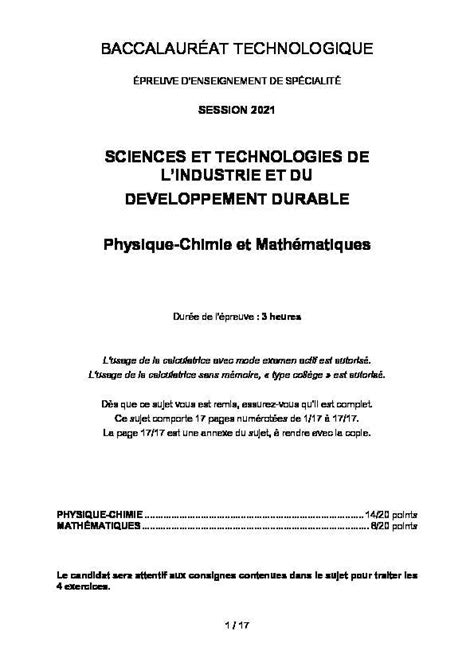 Sujet du bac STI2D Spécialité Physique-Chimie Maths 2021