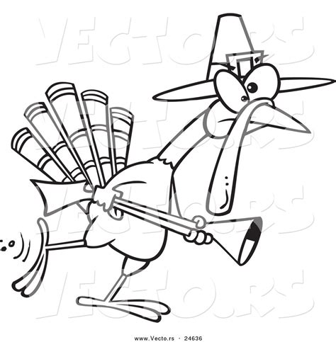 Vector Of A Cartoon Turkey Pilgrim Hunting Outlined Coloring Page By