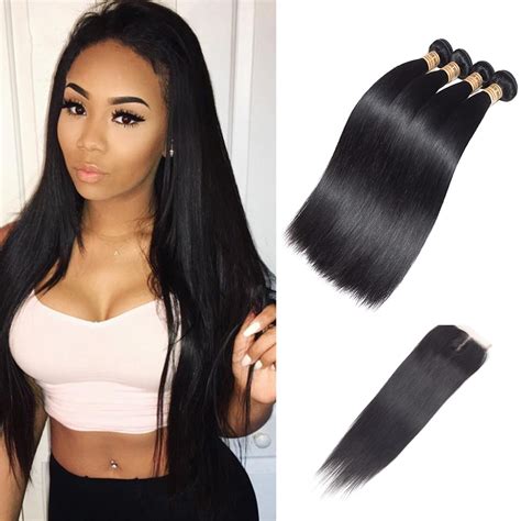 Buy Peruvian Straight Human Hair Weave 4 Bundles With Closure 4x4 Free Middle