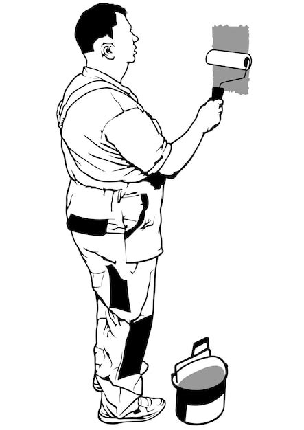 Premium Vector Drawing Of A Painter Man Painting A Wall With Paint Roller