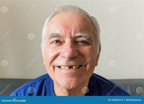 Old Man Senior Face Closeup Missing Tooth Smile Proper Tooth Care Stock