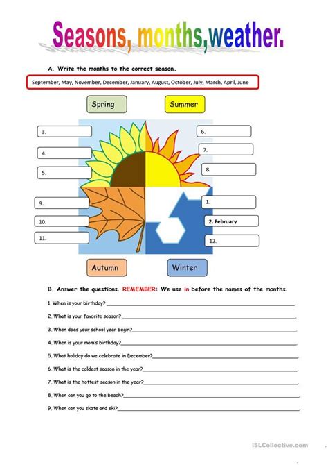 Seasons And Weather English Esl Worksheet For Distance Learning Home