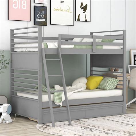 Polibi Gray Twin Over Twin Wood Bunk Bed With 2 Drawers Mb Wbb2d Gtt