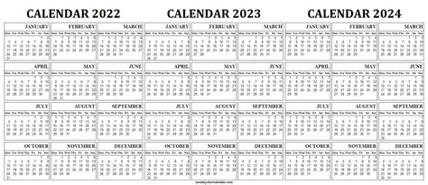 Printable Calendar From 2022 To 2024 Three Year Calendar 2022 23 24