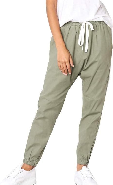 Runyue Women Ankle Pants Elastic Waist Casual Cargo Trousers