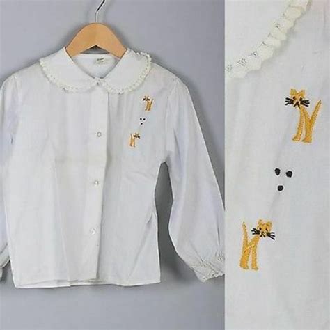 1950s Nos Girls White Long Sleeve Blouse Button Up Collared Shirt Kitty