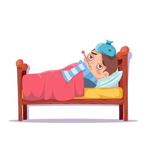 Sick Boy Lying In Bed Ill Cold Flu Disease Illness Virus Cartoon Male