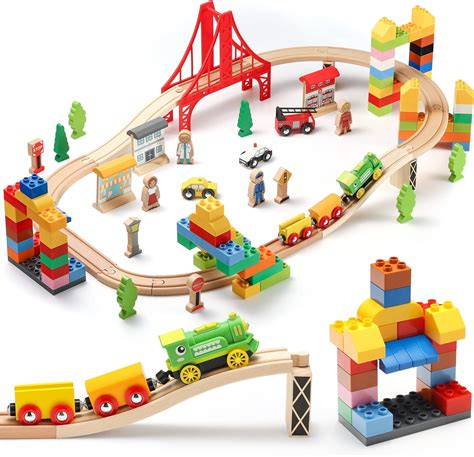 Buy Sainsmart Jr Wooden Train Set With Motorized Train And Fun Blocks