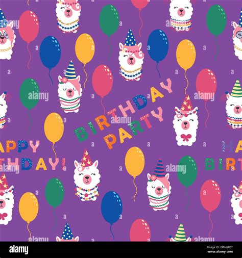 Seamless pattern with llama, alpaca faces. Birthday theme. Caps