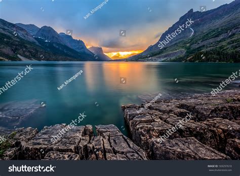 Sunset At St Mary Lake Glacier National Park Mt Stock Photo
