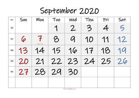 Free Printable September 2020 Calendar