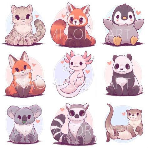 Kawaii Animal Stickers Andor Prints 6x6 Or 8x8 Penguin Fox Red